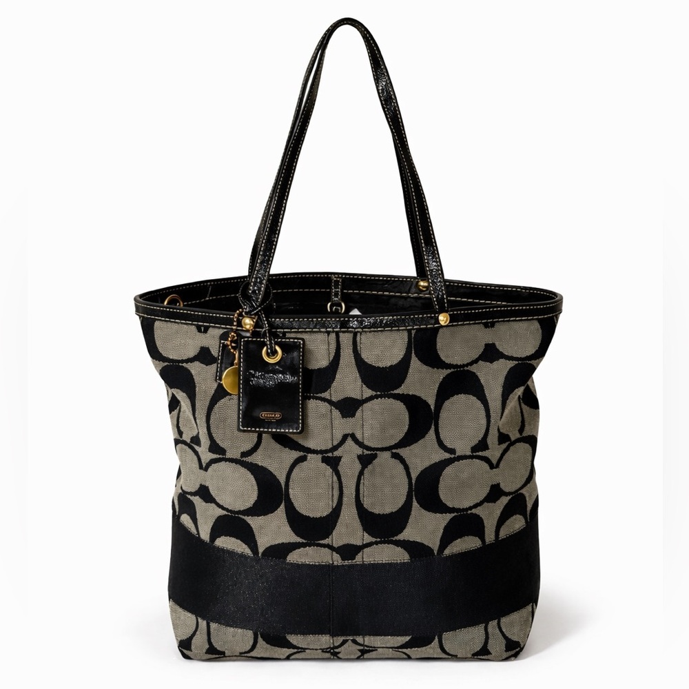 Coach Signature Black Gray Canvas Leather structured logo Shoulder Bag - Picture 3 of 16